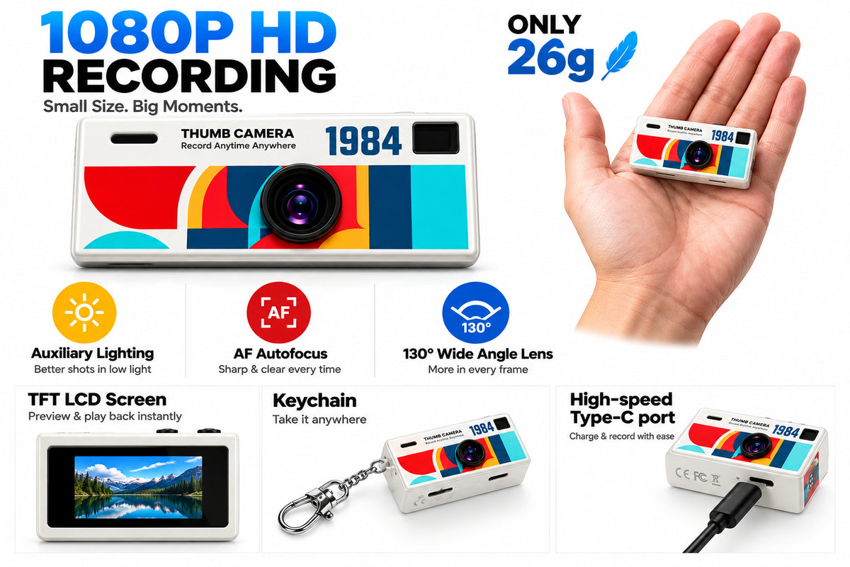 1984 Retro Thumb Camera Keychain – Blind Box Mini Digital Camera, 1080P HD